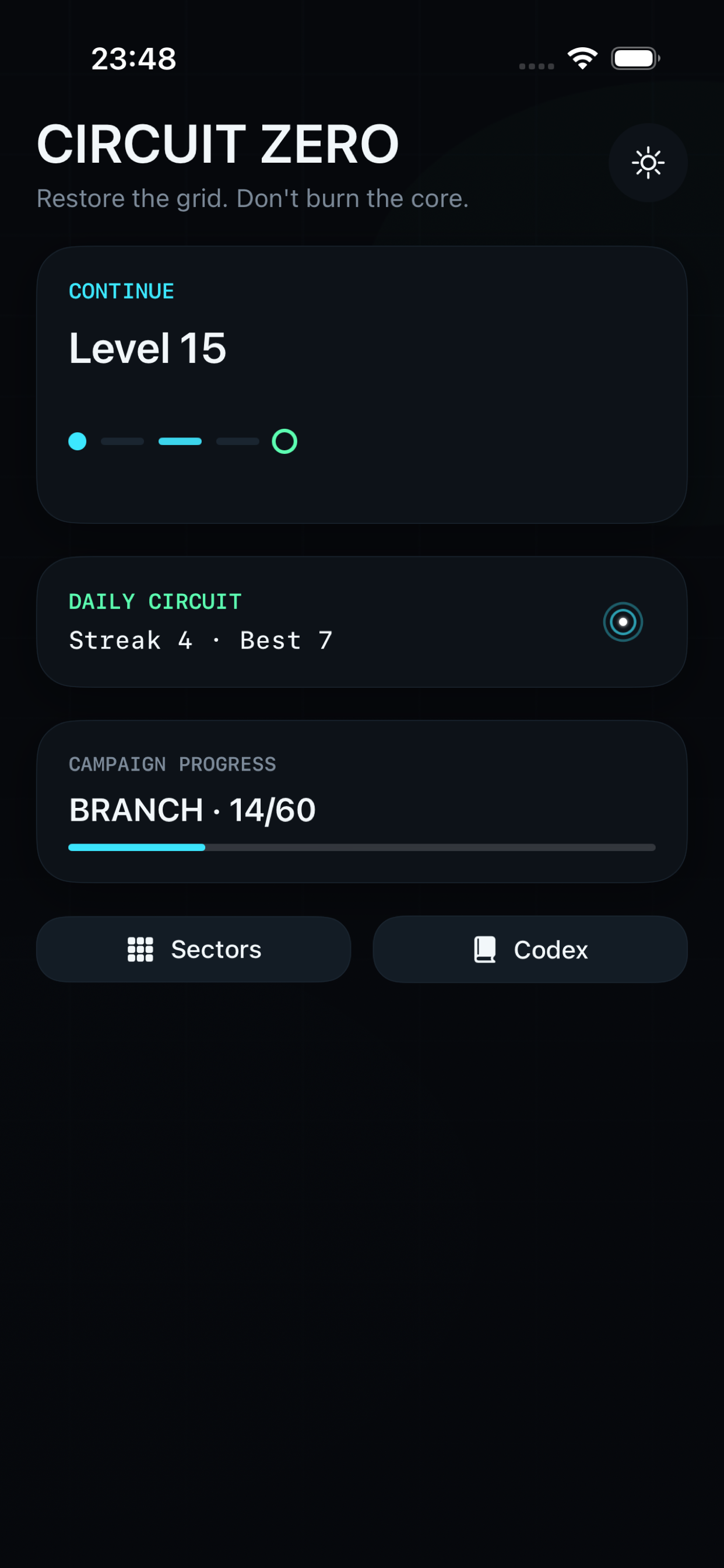 Home board with volts, cleared levels, and the daily streak